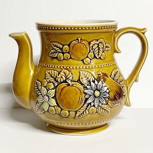 Vintage MCM Ceramic Coffee/Teapot COOKIE JAR W/ Fruit & Flowers 1960s APCO Japan